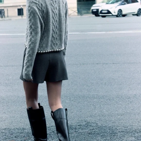 Zara Gray Cowl Neck Sweater with Chunky Cable Knit Design - Picture 3 of 6